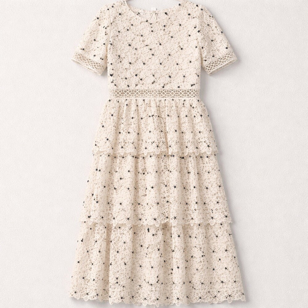 Just Me Cream Eyelet Lace Tiered Midi Dress - Picture 4 of 11